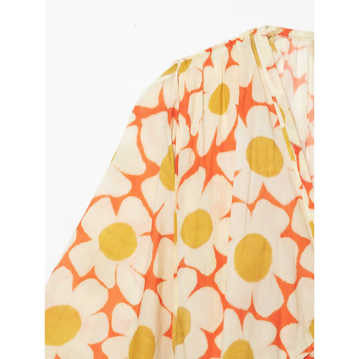 Close‑up of shoulder and sleeve fabric texture on orange daisy maxi dress