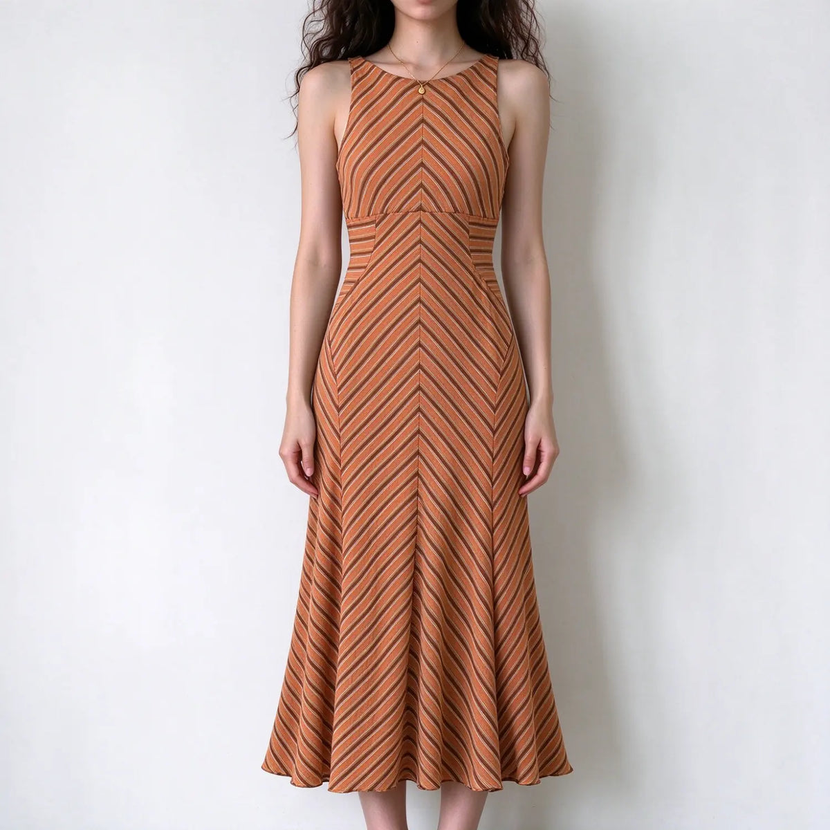 Model wearing orange brown diagonal stripe sleeveless maxi dress, fitted bodice, flared mermaid hem, white background