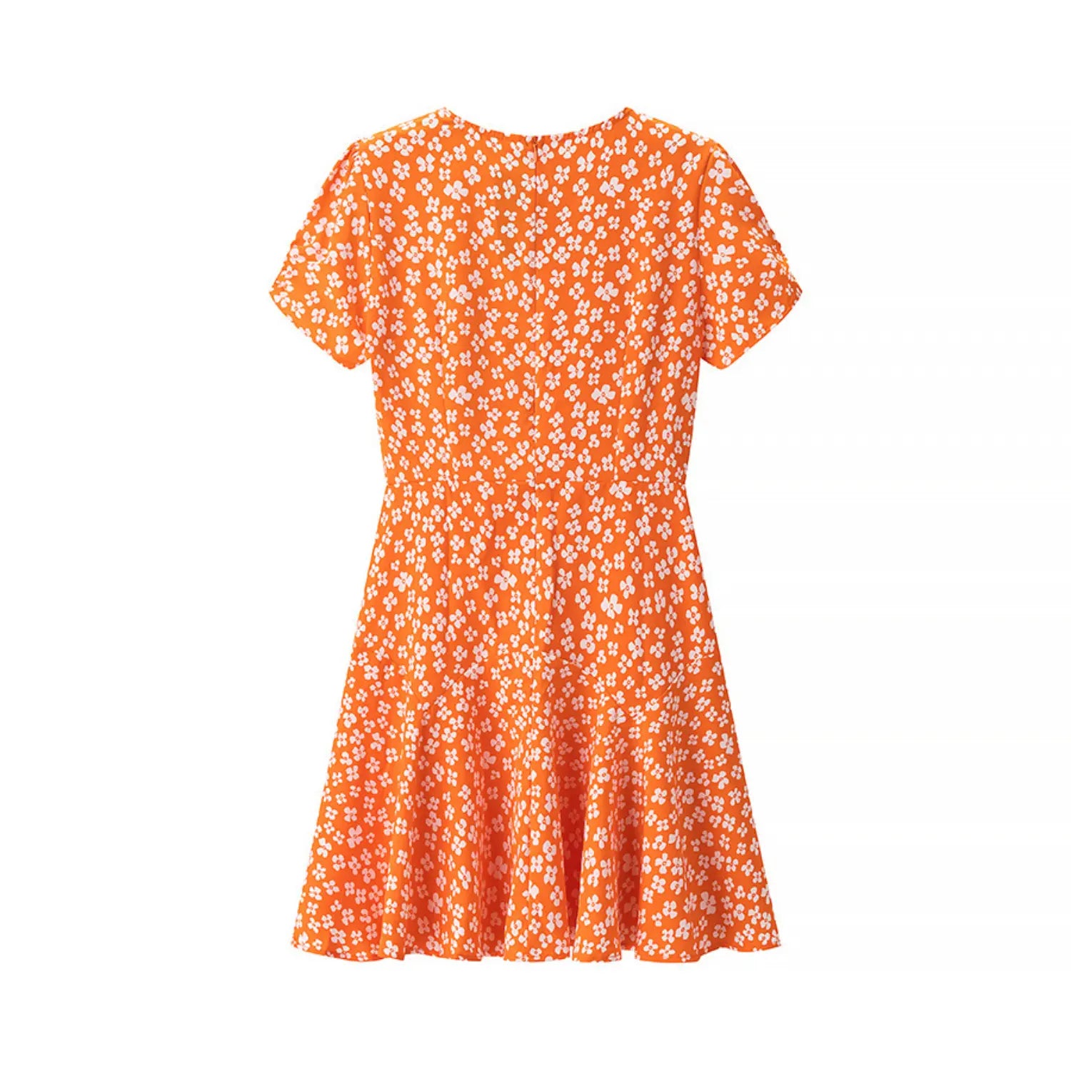 Full back view on white background of the orange floral puff-sleeve dress