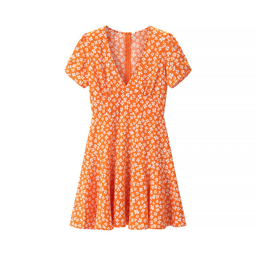 Full front view on white background of the orange floral puff-sleeve dress