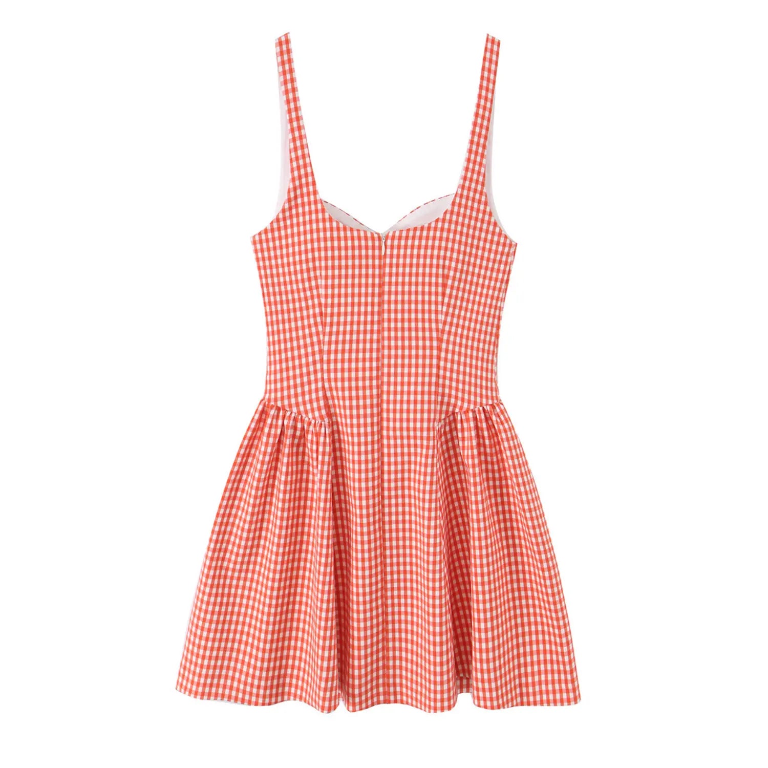 Full back flat view, central invisible zipper, matching wide cami straps, gathered flared mini skirt silhouette