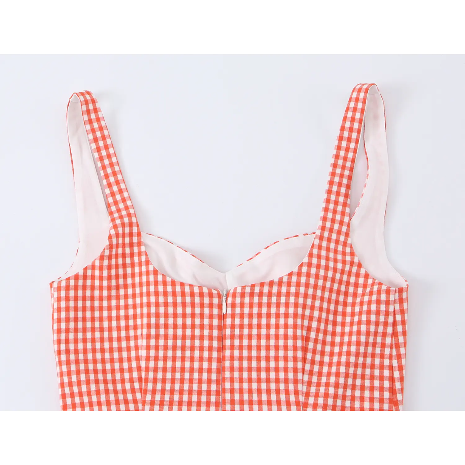 Upper back flat shot, central invisible white zipper under sweetheart back neck, lined shoulder straps