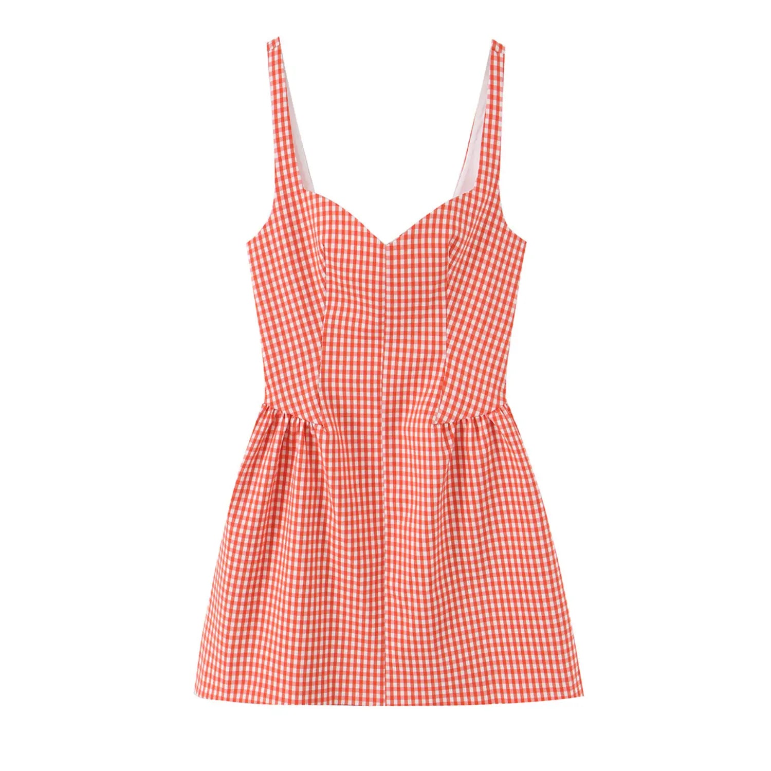 Full front product flat lay, sweetheart cami mini dress, fitted darted waist, gathered flared A-line skirt, all-over orange & white micro gingham pattern
