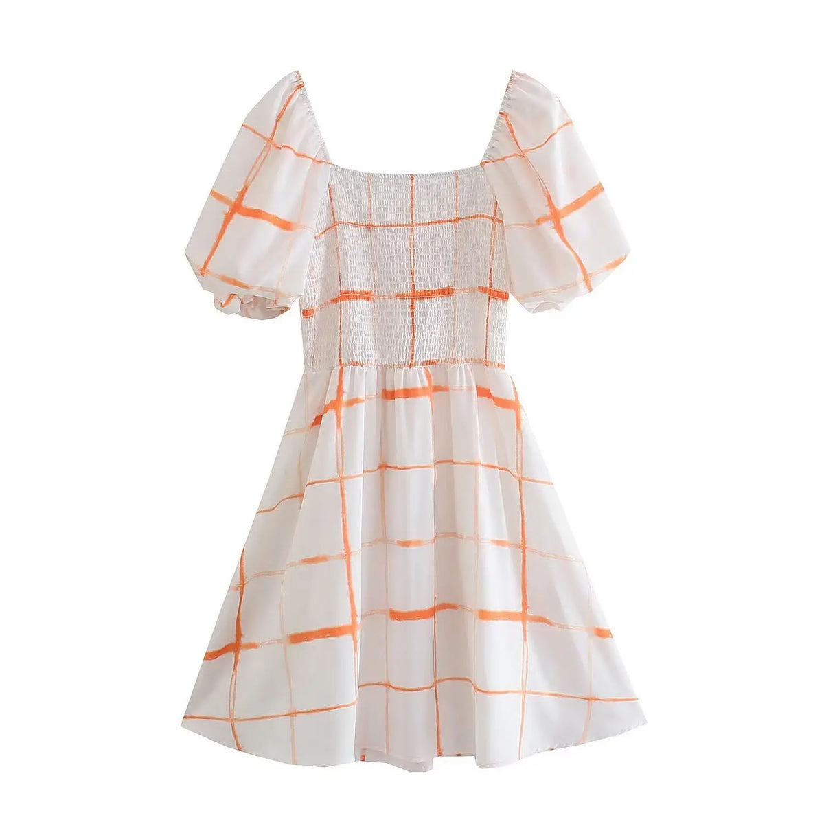 Orange grid print square neck smocked puff sleeve mini dress, back flat lay