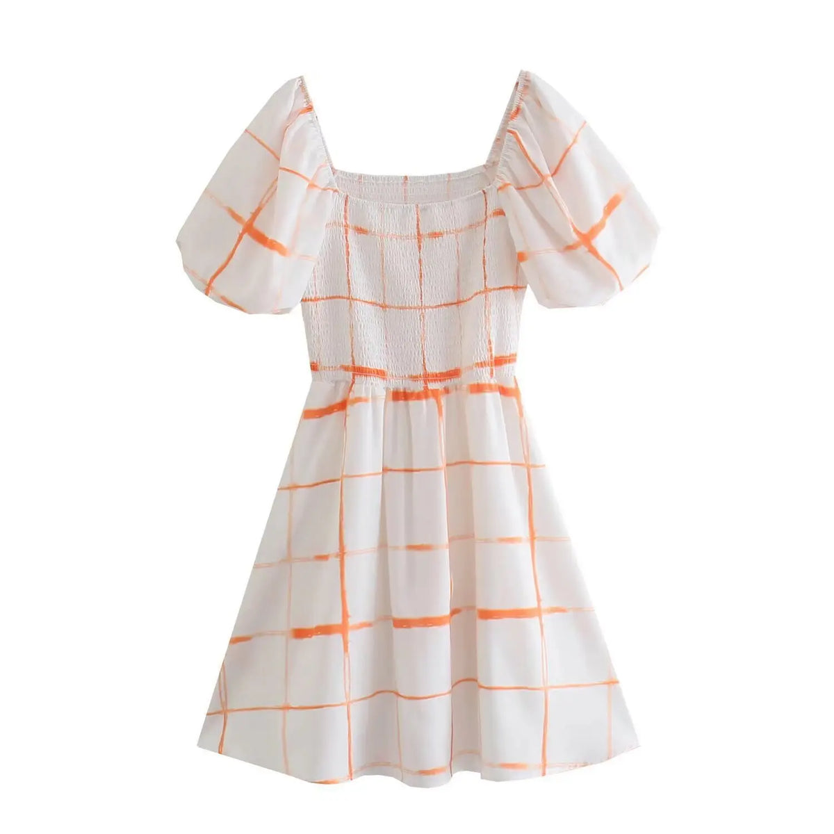 Orange grid print square neck smocked puff sleeve mini dress, front flat lay