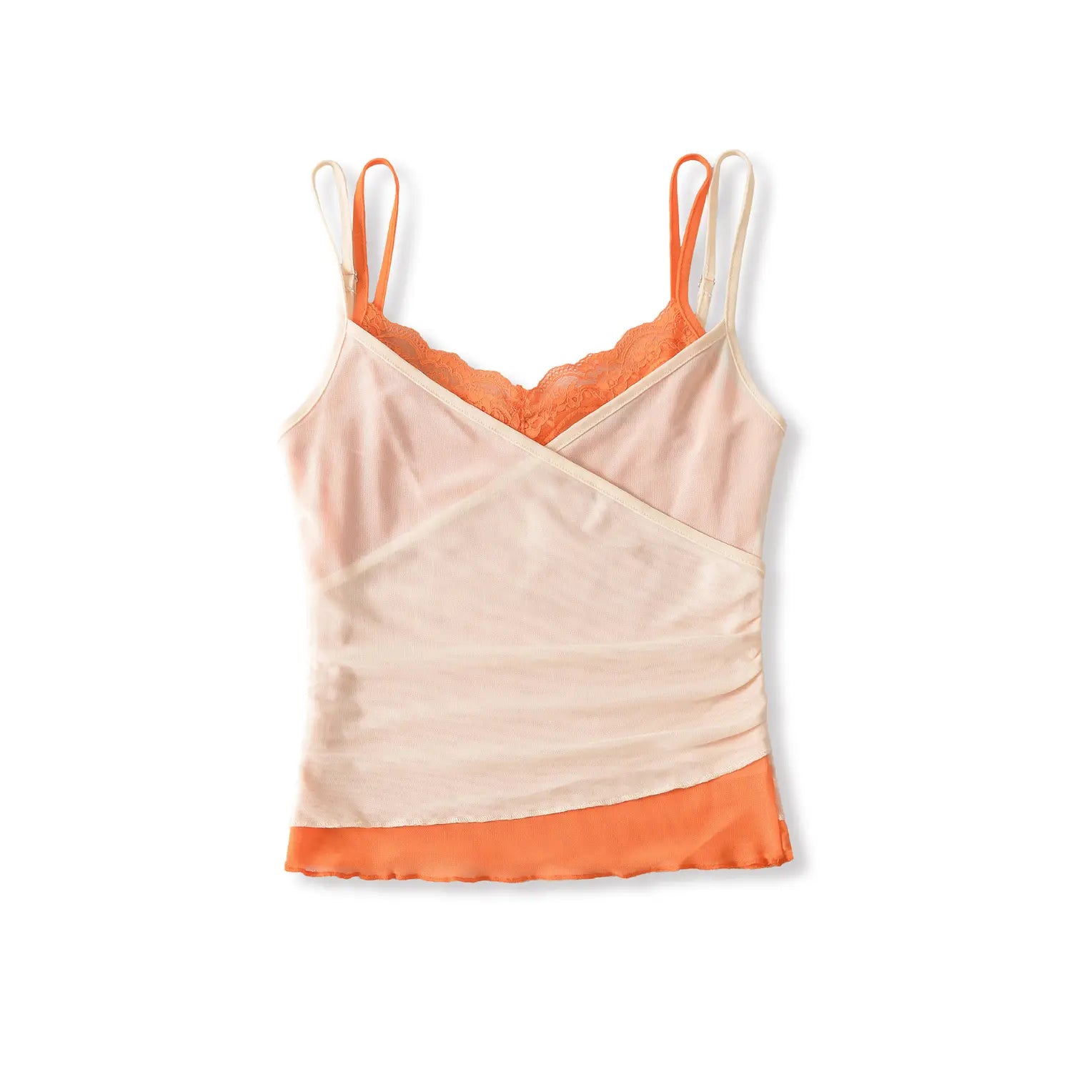 Orange lace lined color block mesh cami tank top front plain white flat lay, wrap cross V neck side ruched waist adjustable double thin straps feminine layering slim cami main product shot