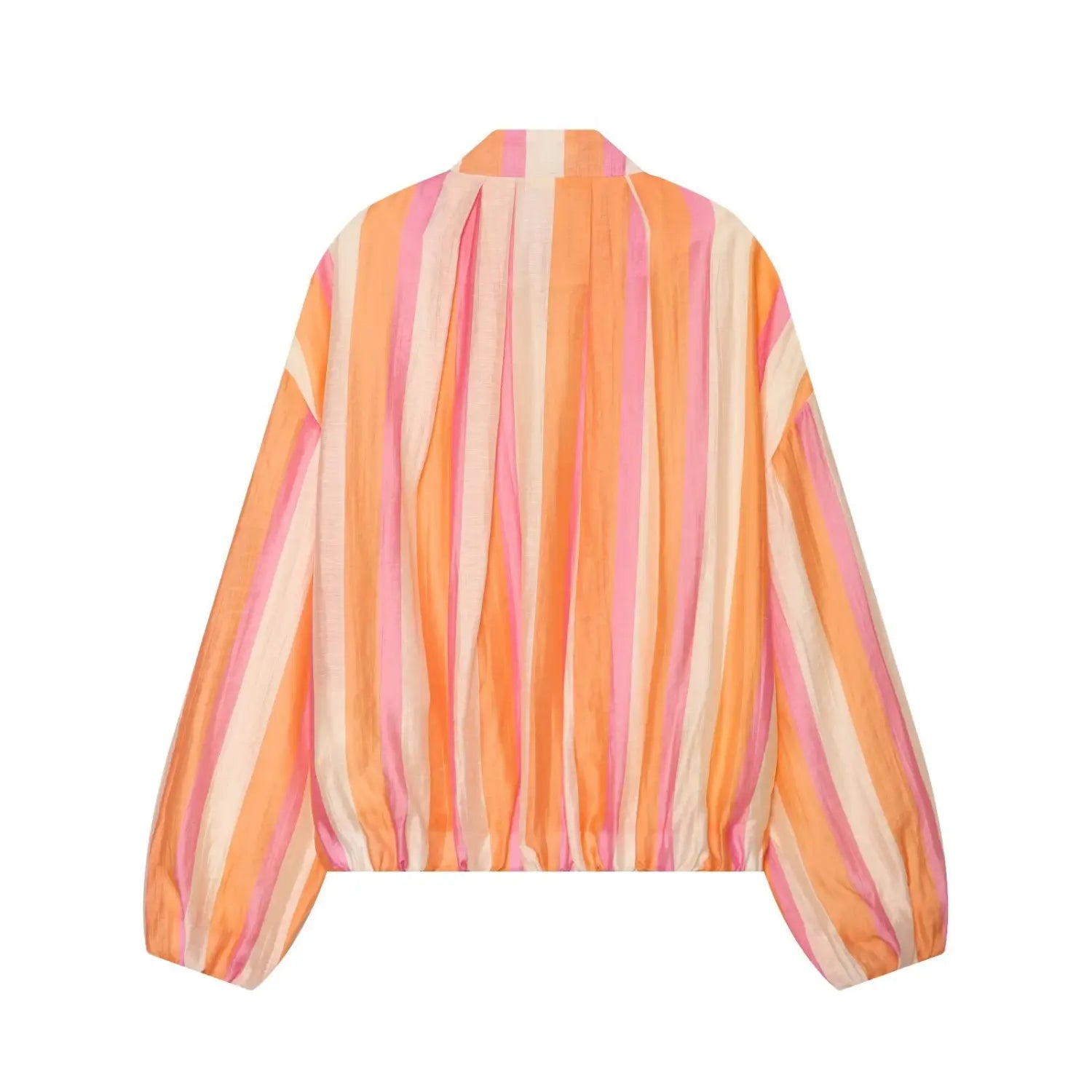 Complete back flat view, vertical orange pink cream stripe pattern, gathered back neck, elastic hem, lightweight casual bomber shape
