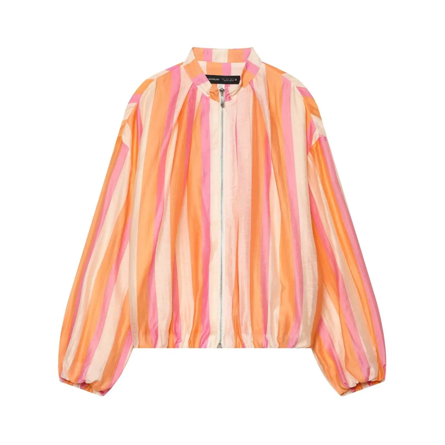 Full front flat lay main shot of orange pink vertical stripe bomber jacket, stand collar, front metal zip, elasticated cuffs and hem, loose cropped silhouette
