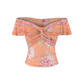 Orange pink gradient floral mesh off shoulder top plain white flat lay, off-shoulder double ruffle front twist cropped feminine mesh top shot