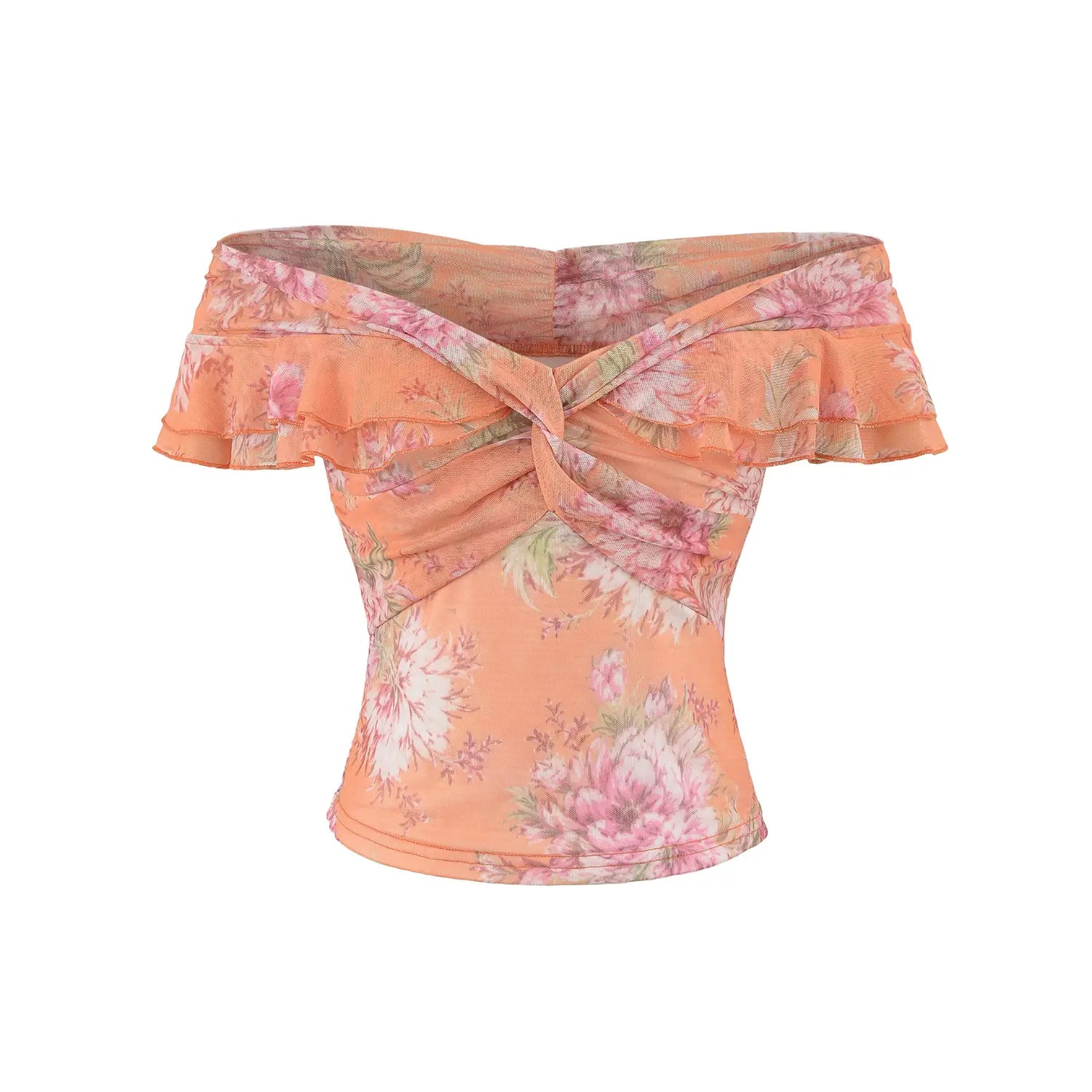 Orange pink gradient floral mesh off shoulder top plain white flat lay, off-shoulder double ruffle front twist cropped feminine mesh top shot