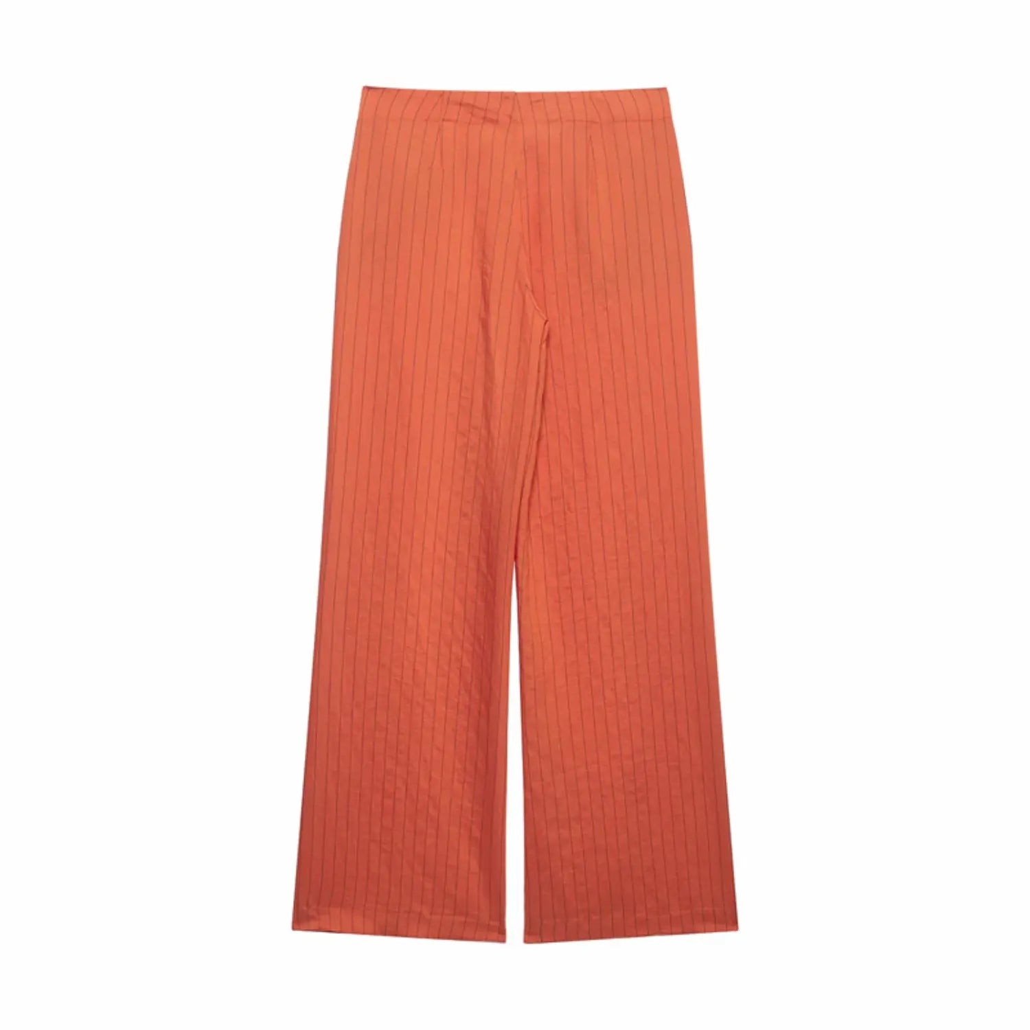 Complete back flat view, plain seamless back waist panel, evenly distributed vertical stripes, straight wide leg cut, neat bottom hem stitching