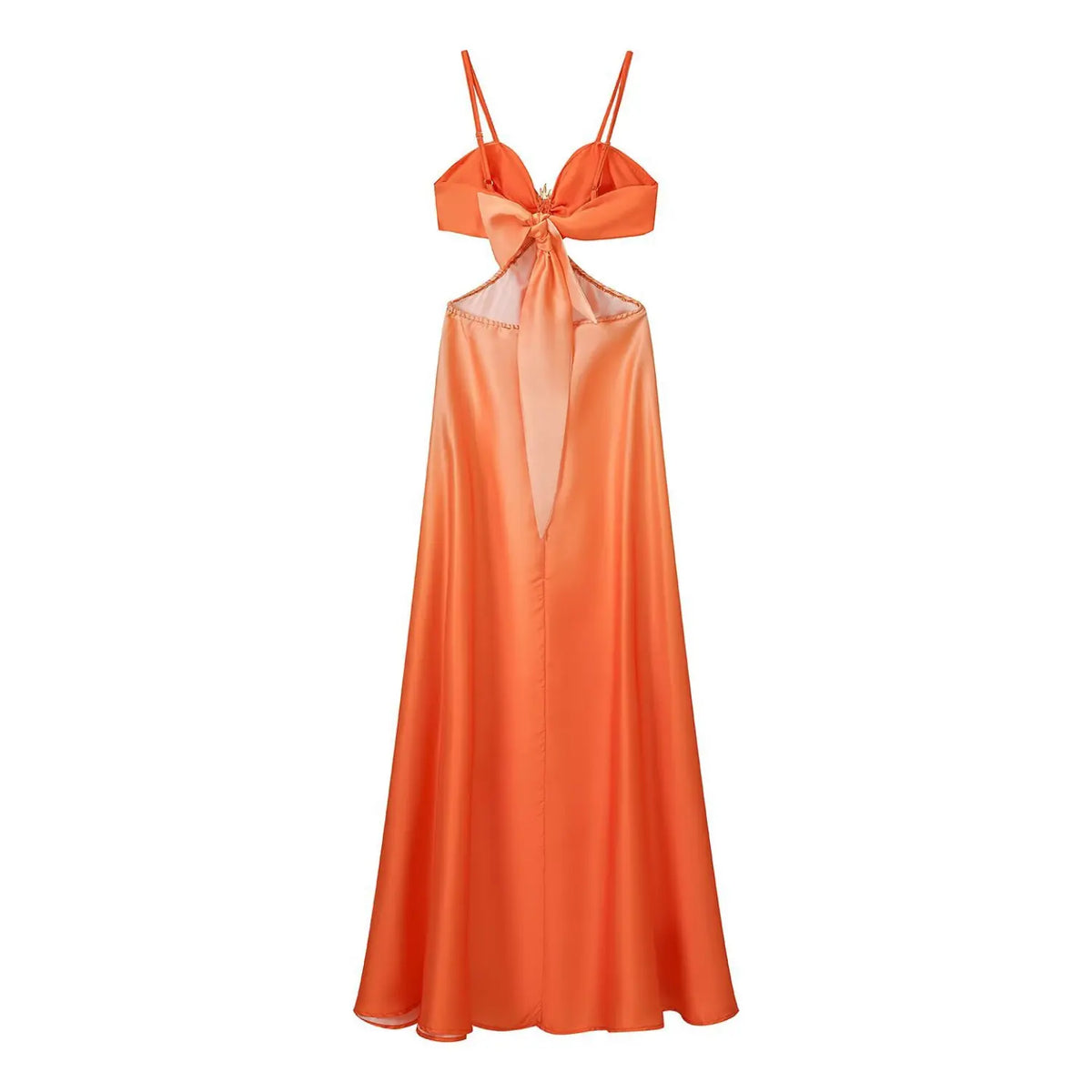 Orange satin camisole maxi dress back full view, large fabric bow tie at back bust, midriff cutout, glossy satin long skirt