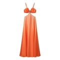 Orange satin camisole maxi dress front full view, cutout waist design, decorated with golden sun-shaped ornament at bust, flowy long skirt