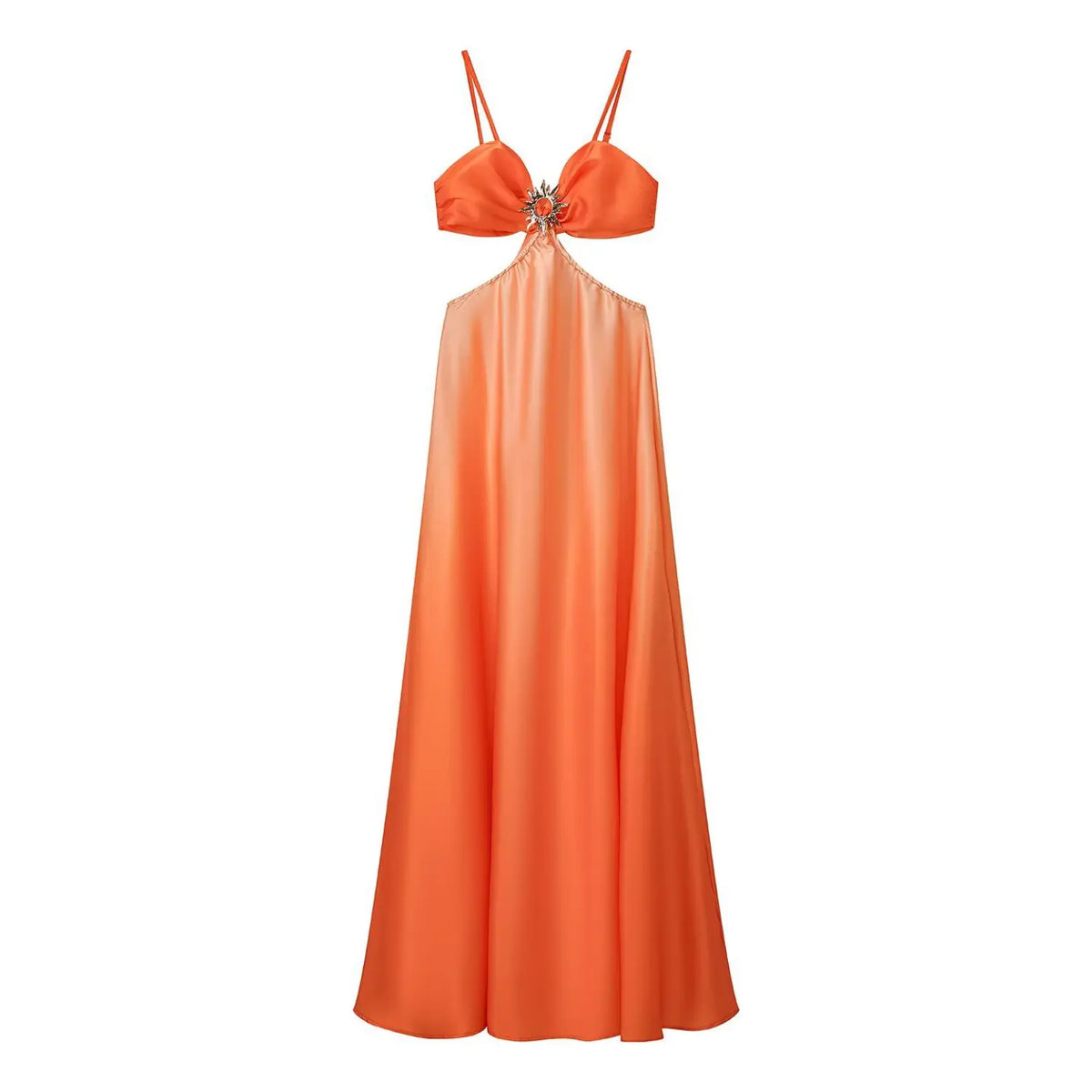 Orange satin camisole maxi dress front full view, cutout waist design, decorated with golden sun-shaped ornament at bust, flowy long skirt