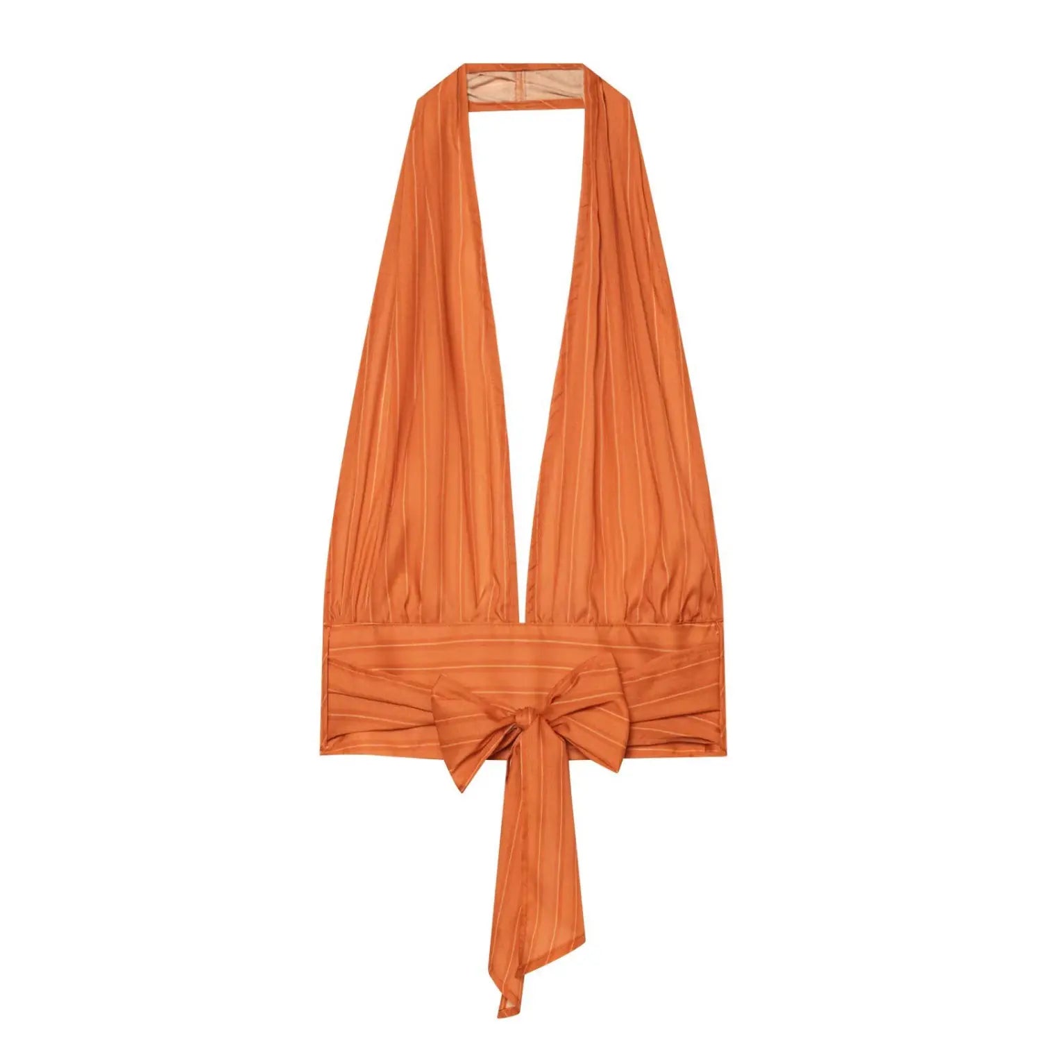 Front view orange vertical stripe halter top, deep v neck with back bow tie knot detail