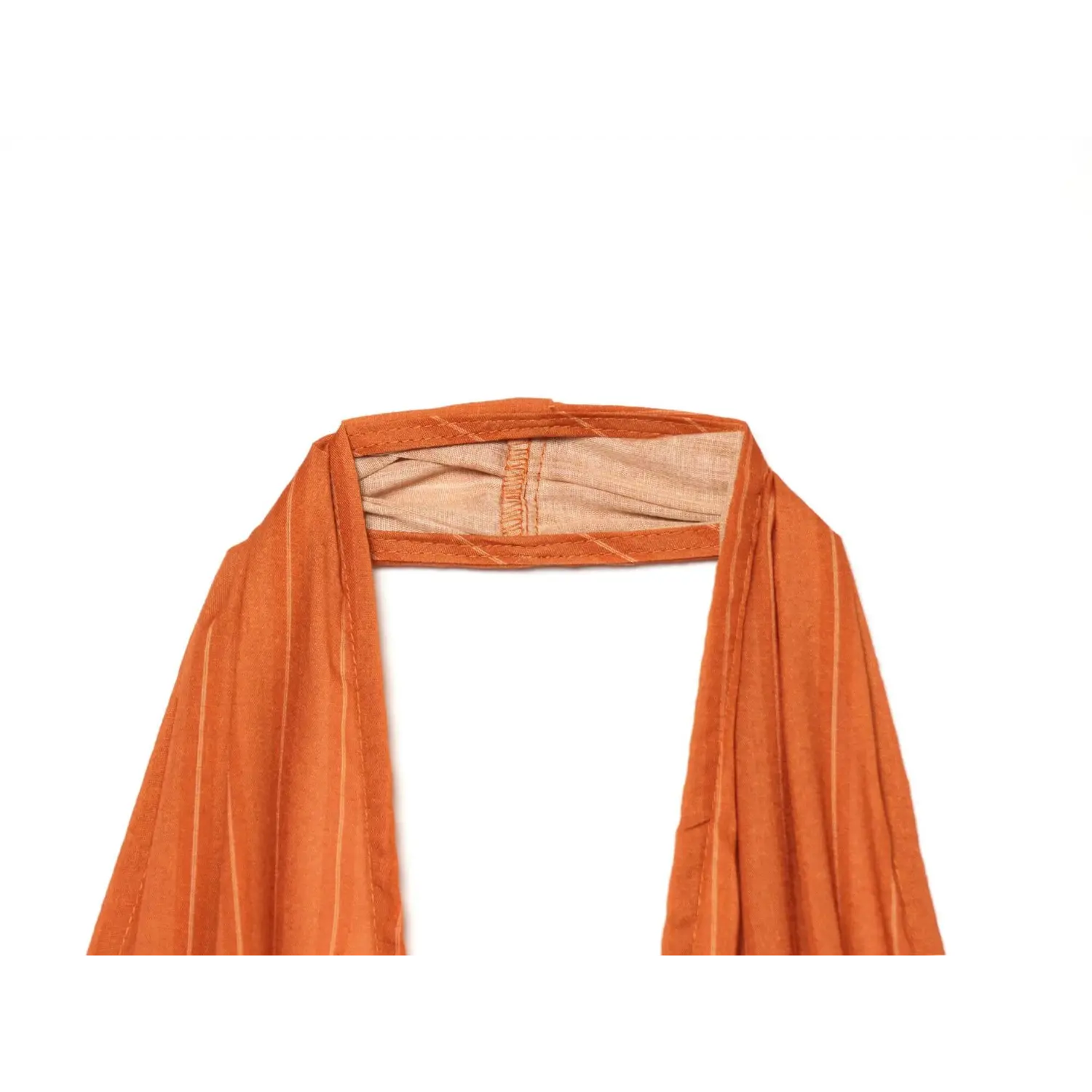 Close‑up inner stitching detail of orange stripe halter top neckband, lining and seam workmanship