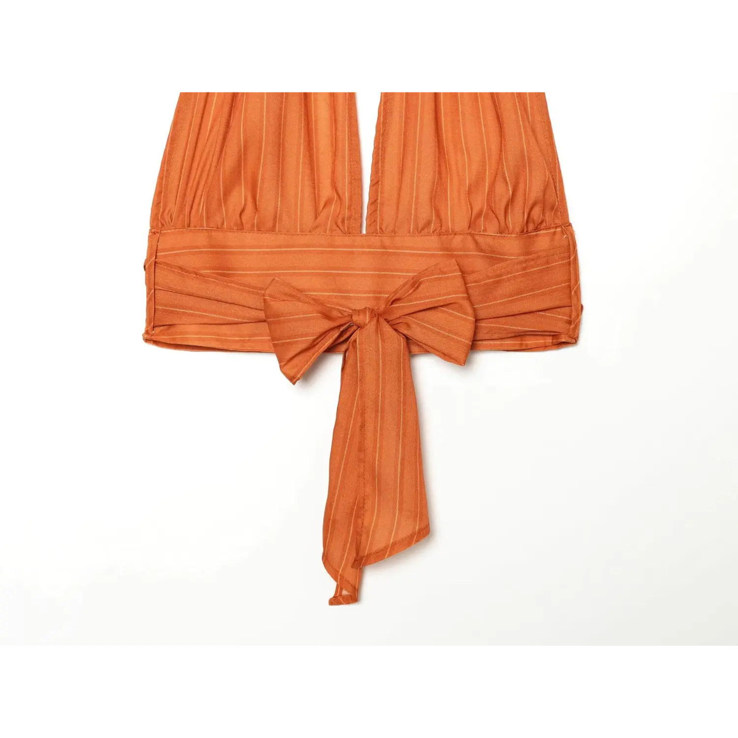 Back overview shot orange stripe halter cropped top, large fabric bow tie knot at waist back
