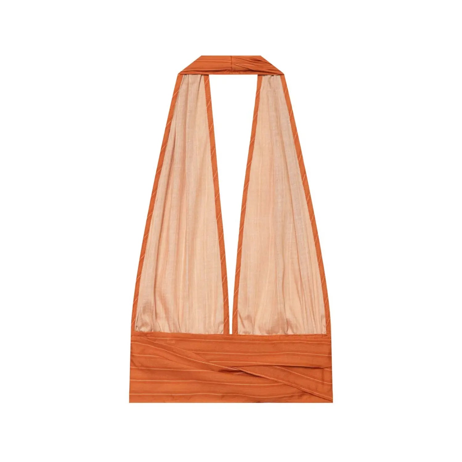 Inner back view orange stripe halter top, show lining fabric and halter neck construction