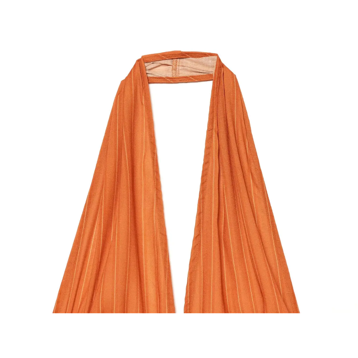 Close‑up of orange vertical stripe halter top, show halter neckline and striped fabric texture