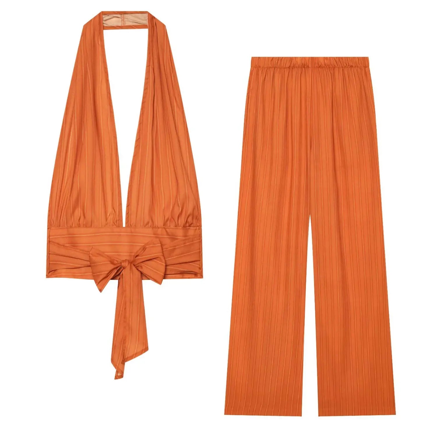 Flat lay orange vertical stripe two piece set, deep v halter tie‑back top and elastic waist wide leg trousers
