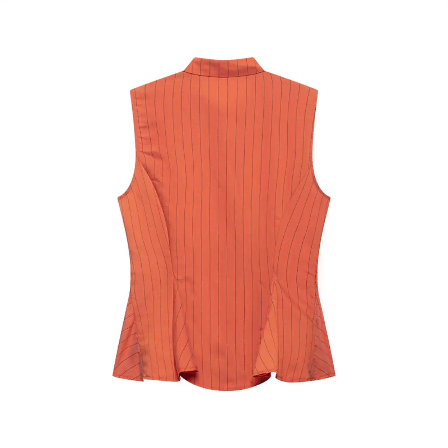Full back flat lay shot of orange vertical stripe sleeveless blouse, stand back collar, side tailored darts for slim fit, flared peplum hem, evenly distributed thin dark vertical stripes, smooth woven fabric