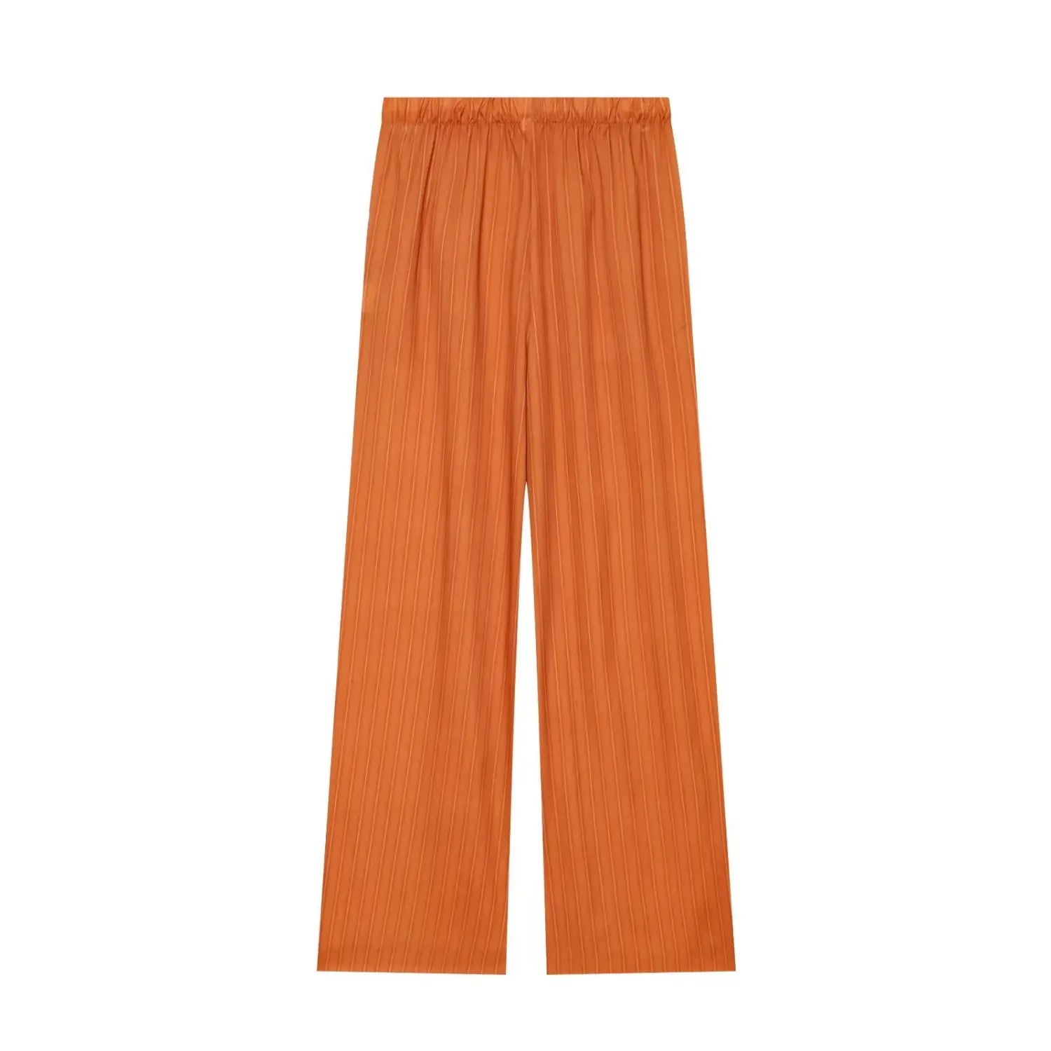 Flat back view orange vertical stripe wide leg trouser, elastic waistband loose silhouette