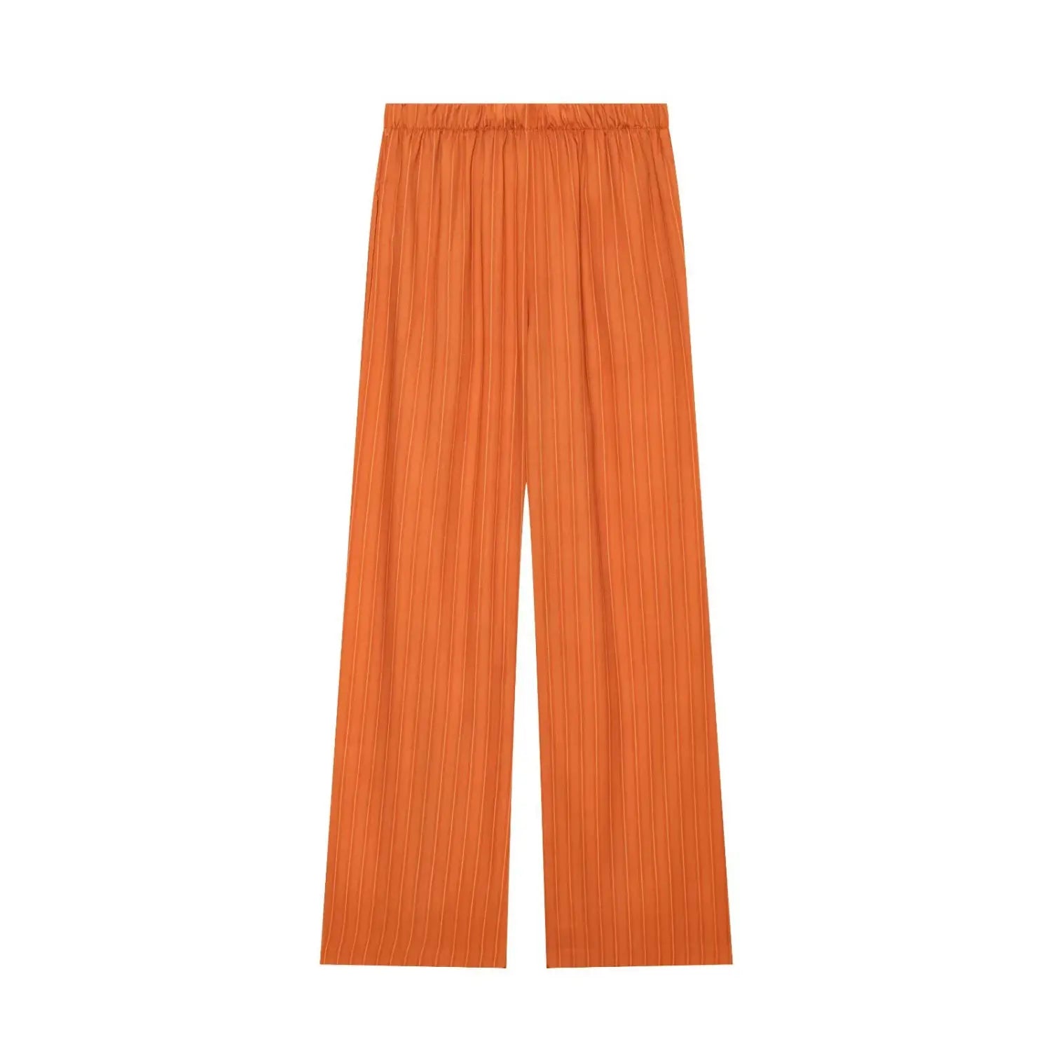 Flat front view orange vertical stripe wide leg pant, elastic high waist loose fit trousers