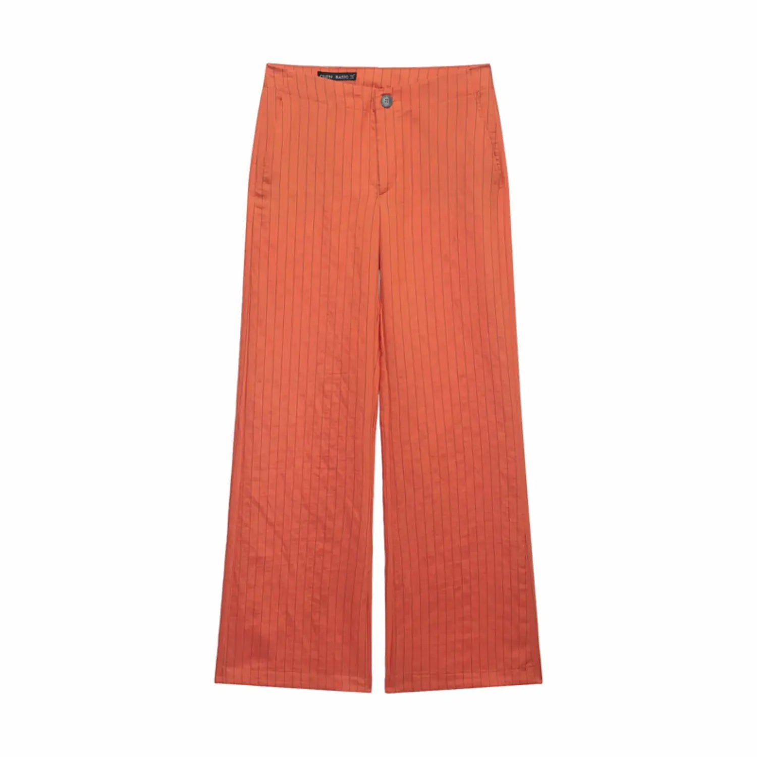 Full front flat lay of orange vertical stripe trousers, high waist single button zipper fly, side slash pockets, straight wide leg silhouette, thin dark vertical pinstripe, lightweight soft woven fabric