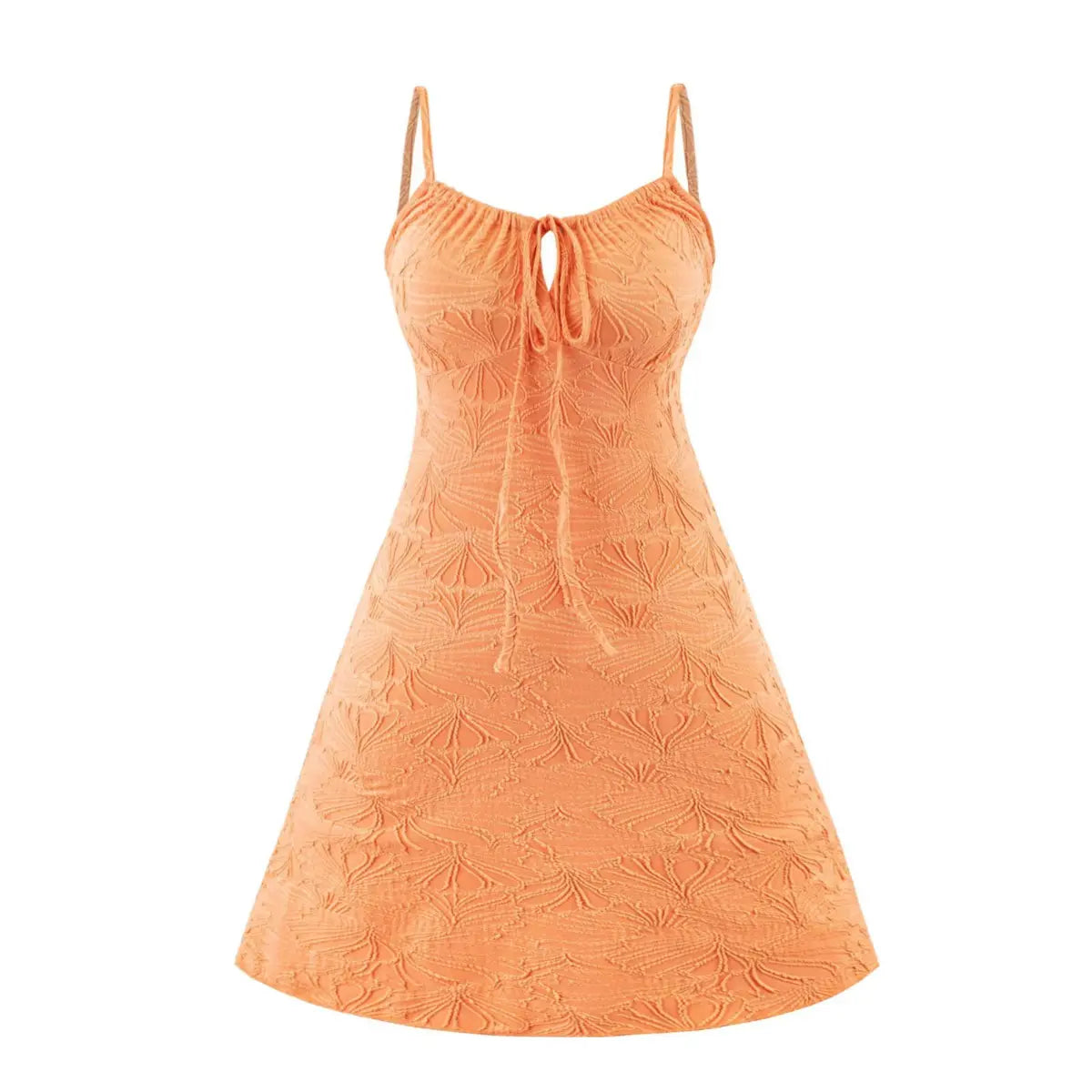 Orange textured floral cami mini dress with front keyhole tie, isolated flat view