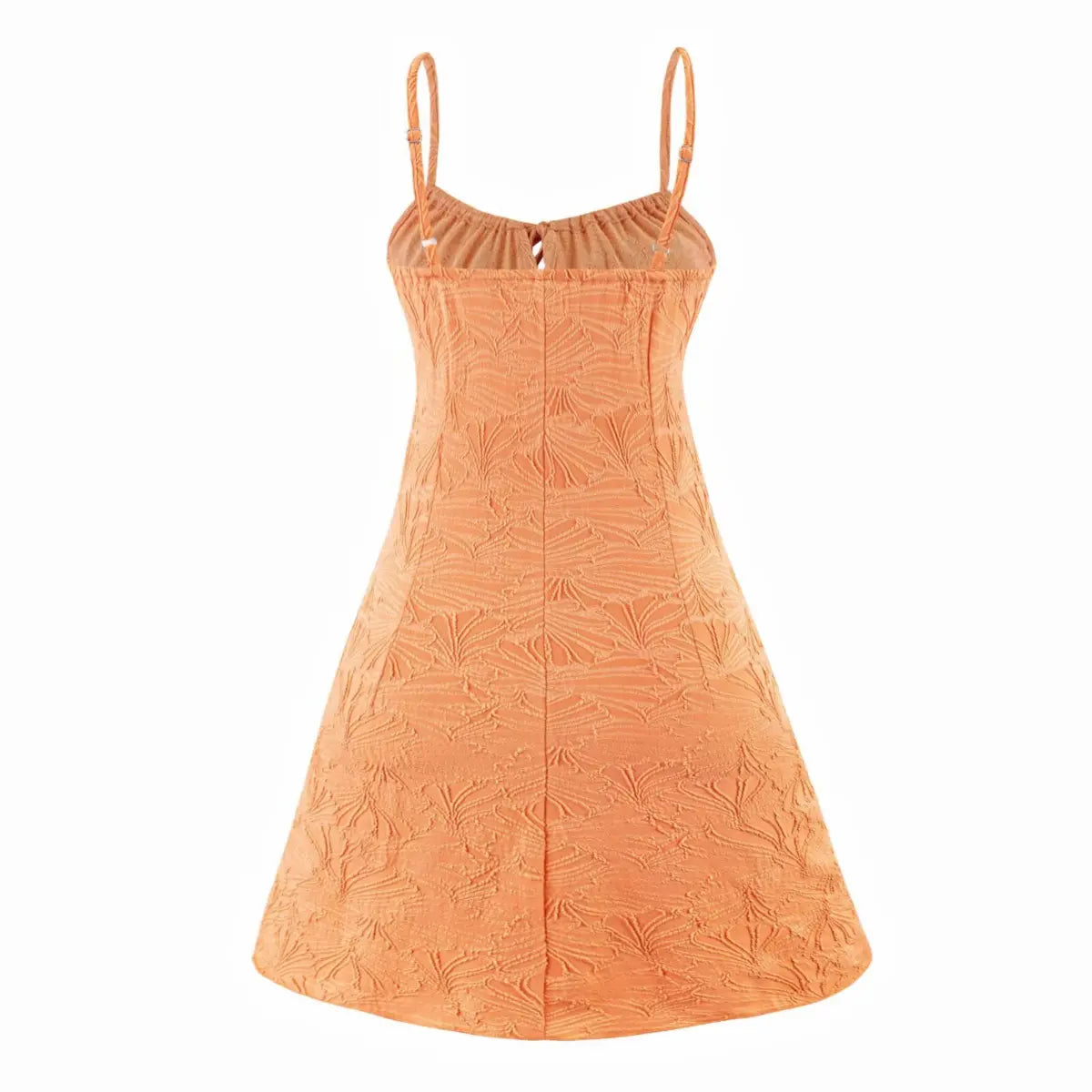 Back view of an orange textured mini dress with spaghetti straps, showing the adjustable sliders and full embossed leaf pattern on the flared skirt.