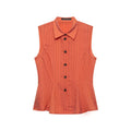 Full front flat lay orange cropped blouse, pointed collar, sleeveless design, vertical thin black stripes, front button placket, cinched waist, flared peplum hem, vintage casual style