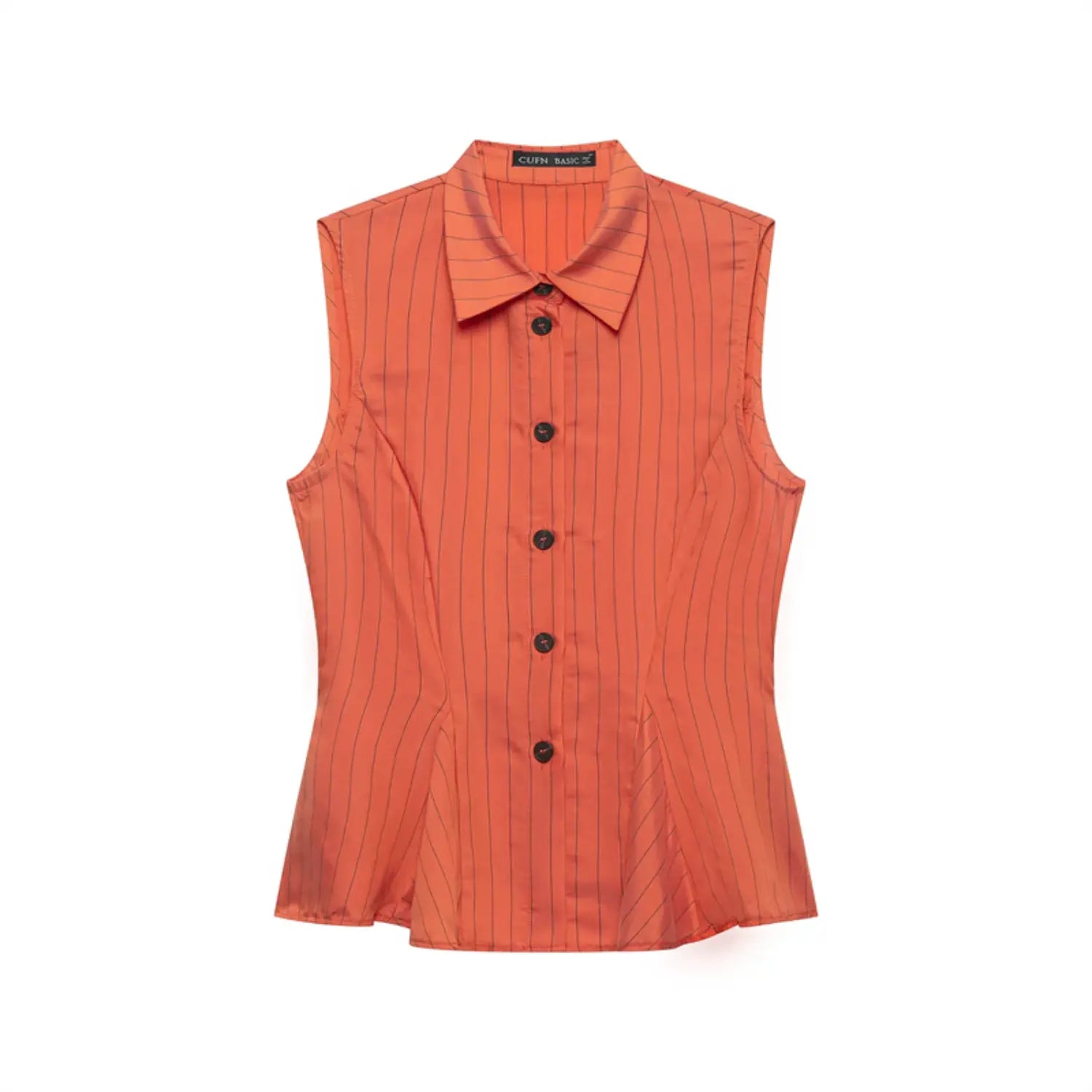 Full front flat lay orange cropped blouse, pointed collar, sleeveless design, vertical thin black stripes, front button placket, cinched waist, flared peplum hem, vintage casual style