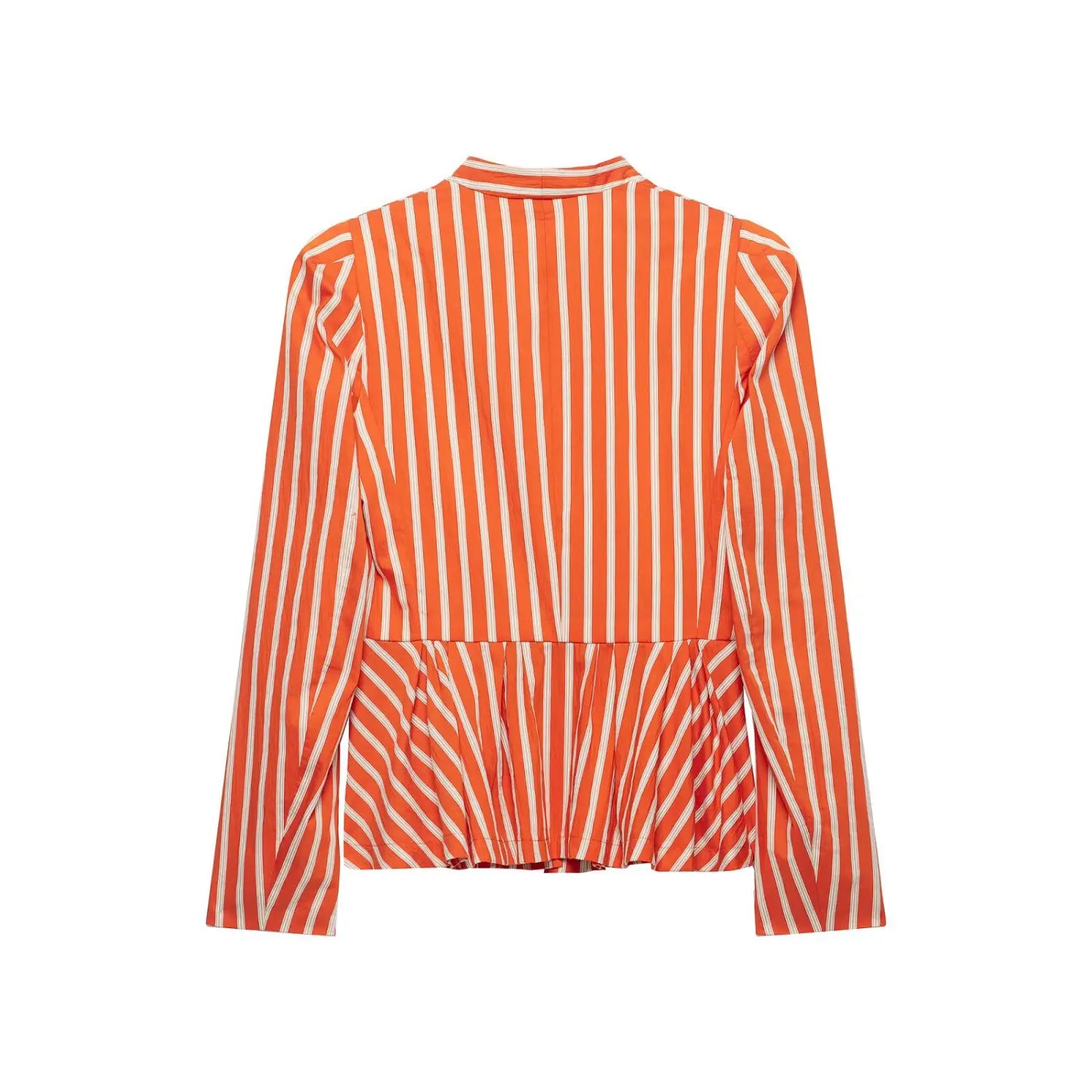 Flat lay back view orange white vertical stripe long sleeve peplum blazer