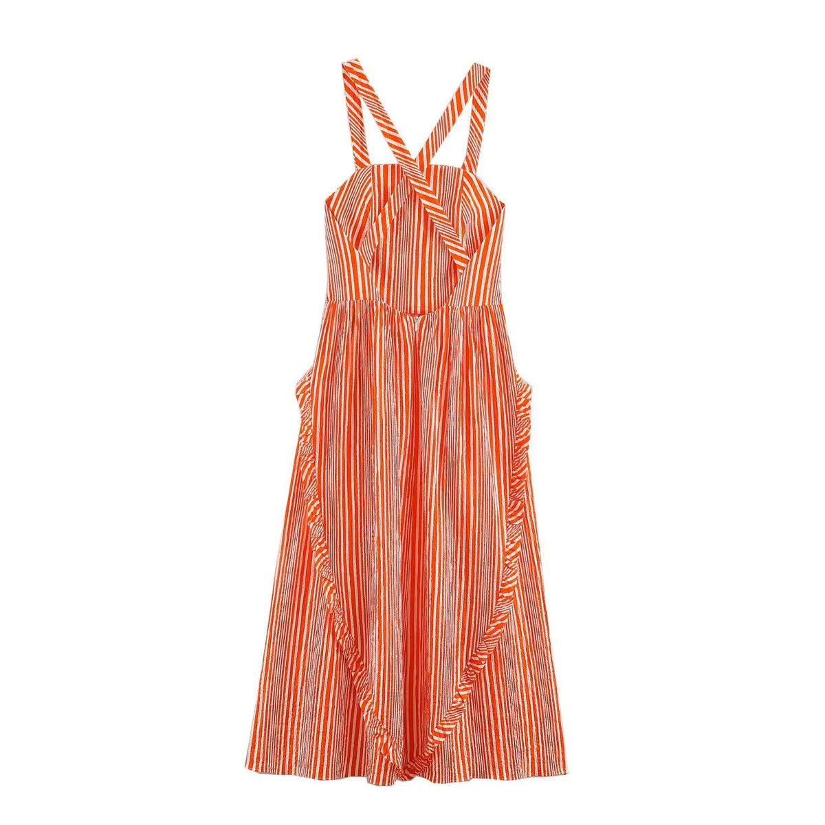 Full flat back view of orange white stripe cross‑back strap maxi dress