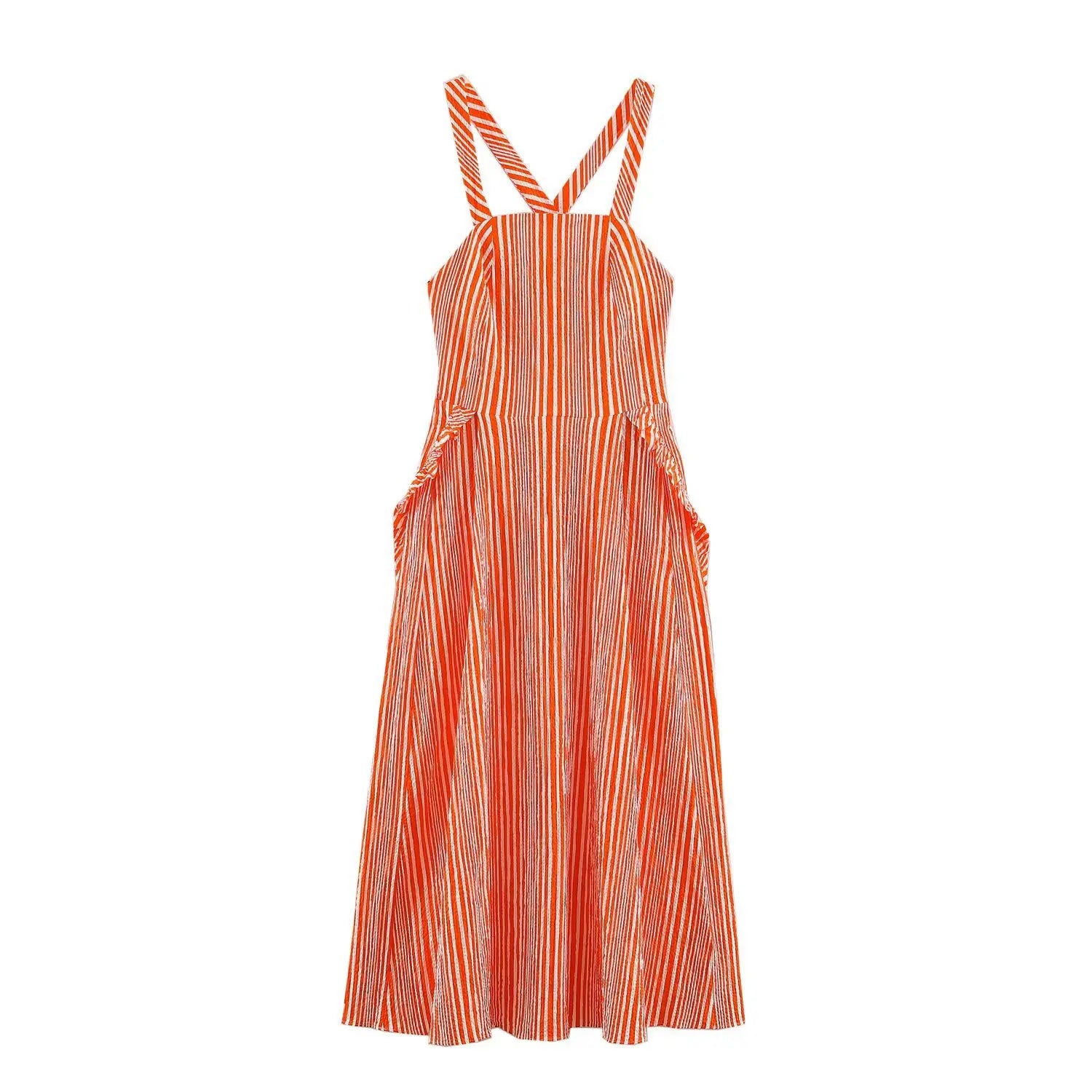 Flat lay front view of orange white vertical stripe cross back spaghetti strap flowy maxi dress with side pockets