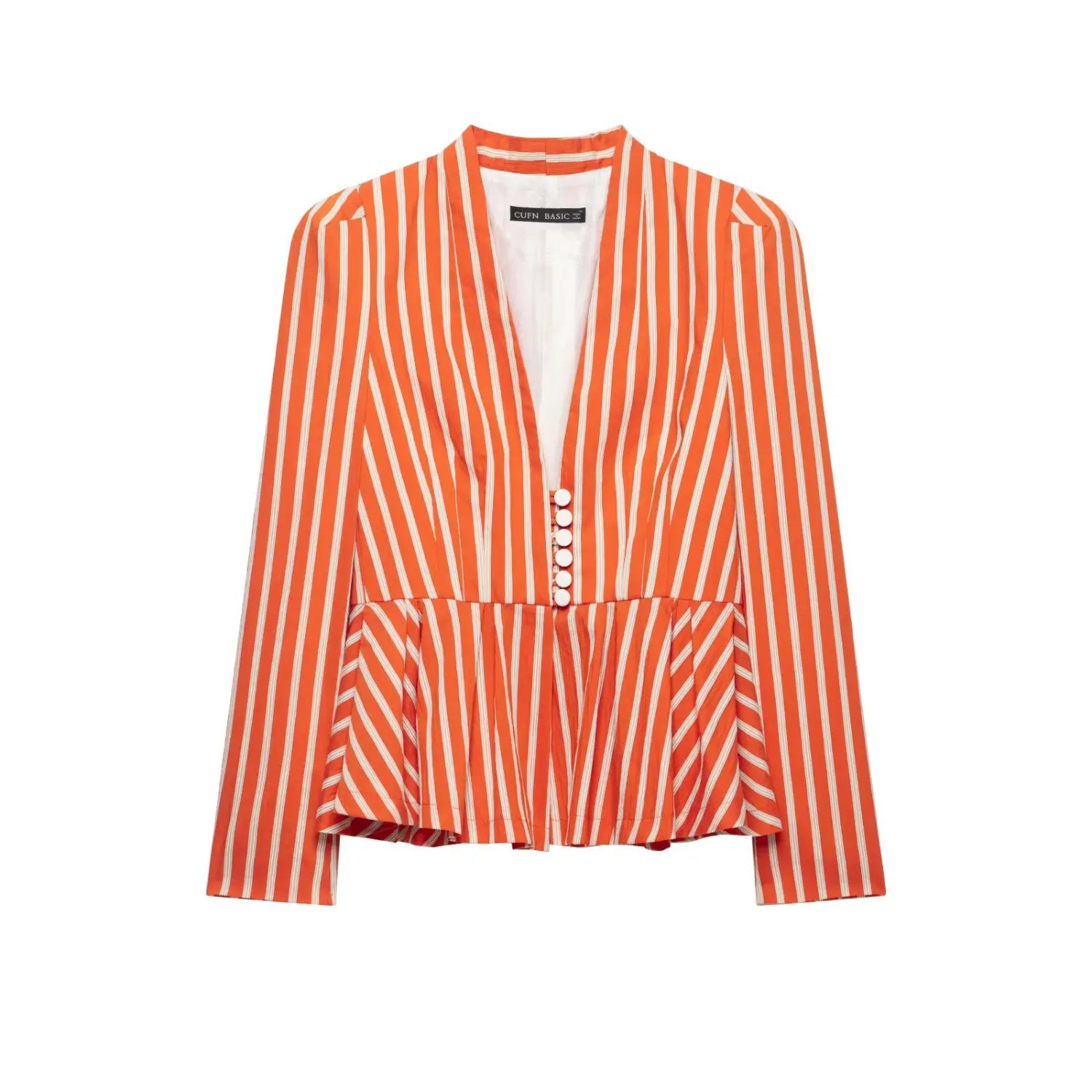 Flat lay front view orange and white vertical stripe peplum blazer with v‑neck and front white buttons