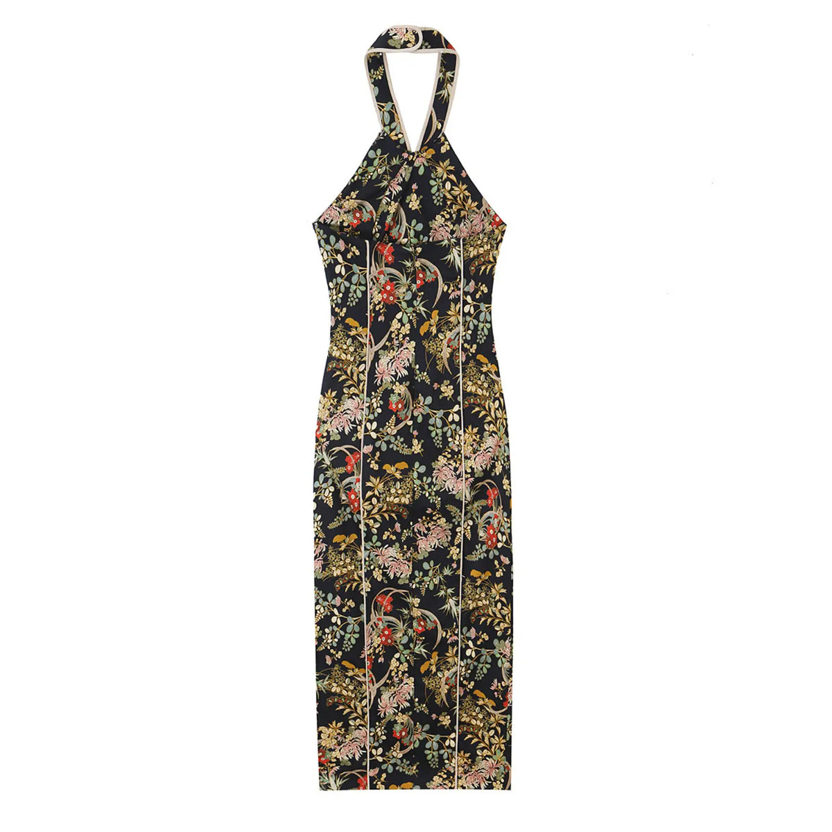 back view of oriental floral print halter neck bodycon maxi dress on white background
