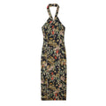 Full front view of oriental floral print halter neck bodycon maxi dress
