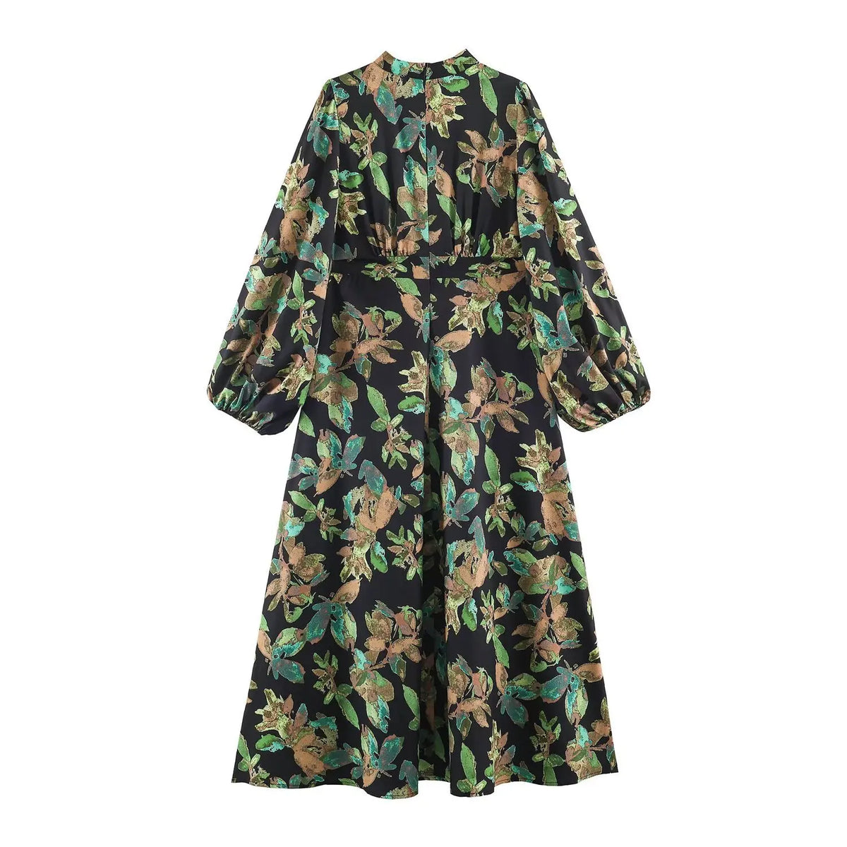 Painterly floral print pleated bodice midi dress, back flat lay