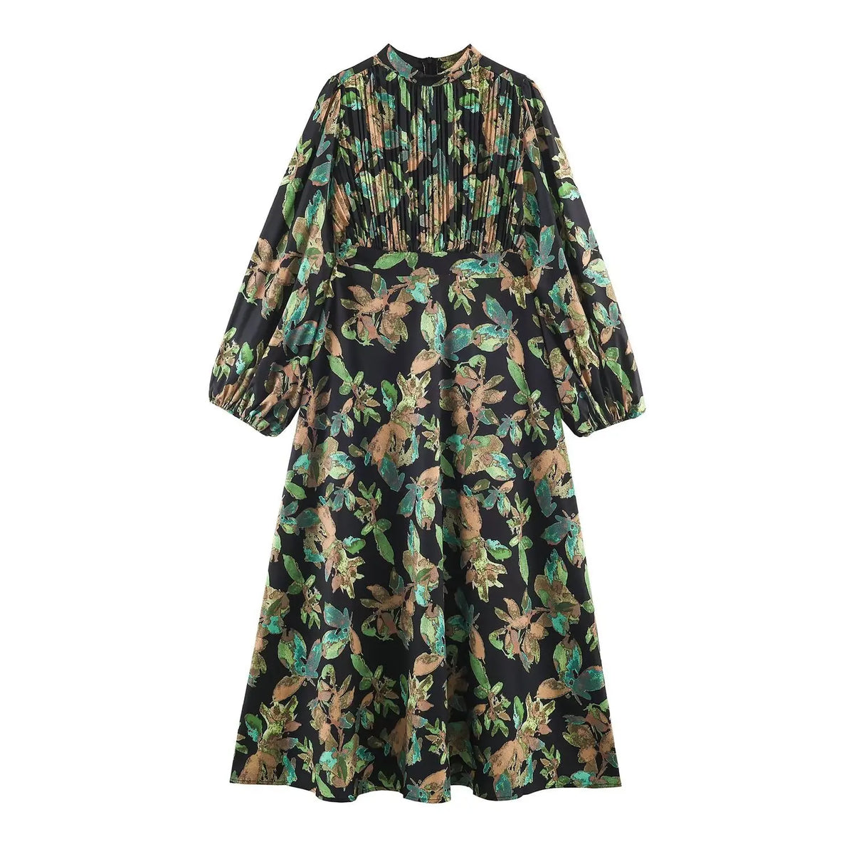 Painterly floral print pleated bodice midi dress, front flat lay