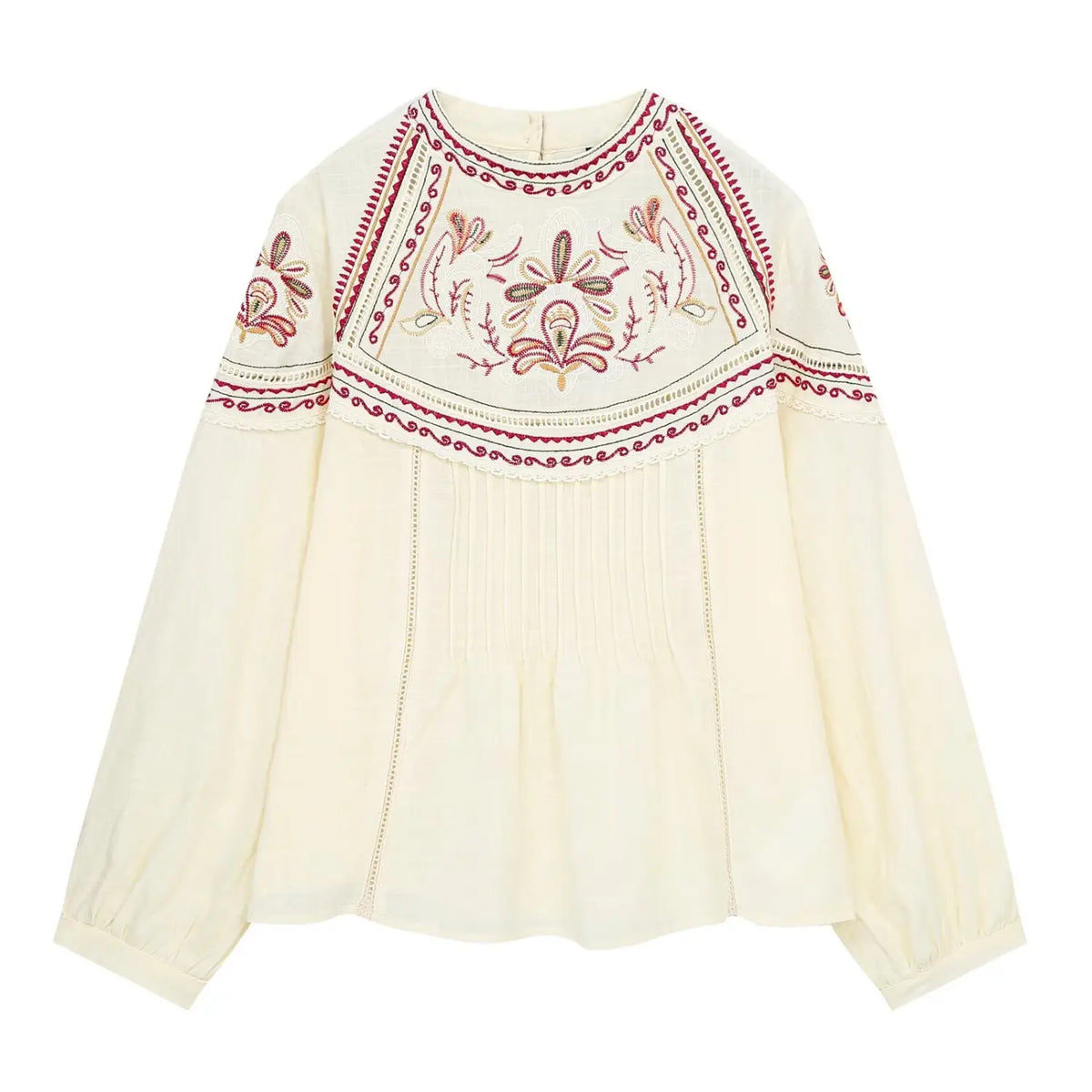 Front flat lay of cream paisley embroidered puff sleeve peplum blouse