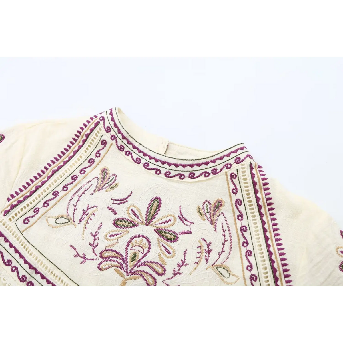 Close-up of high round neck and paisley floral embroidery