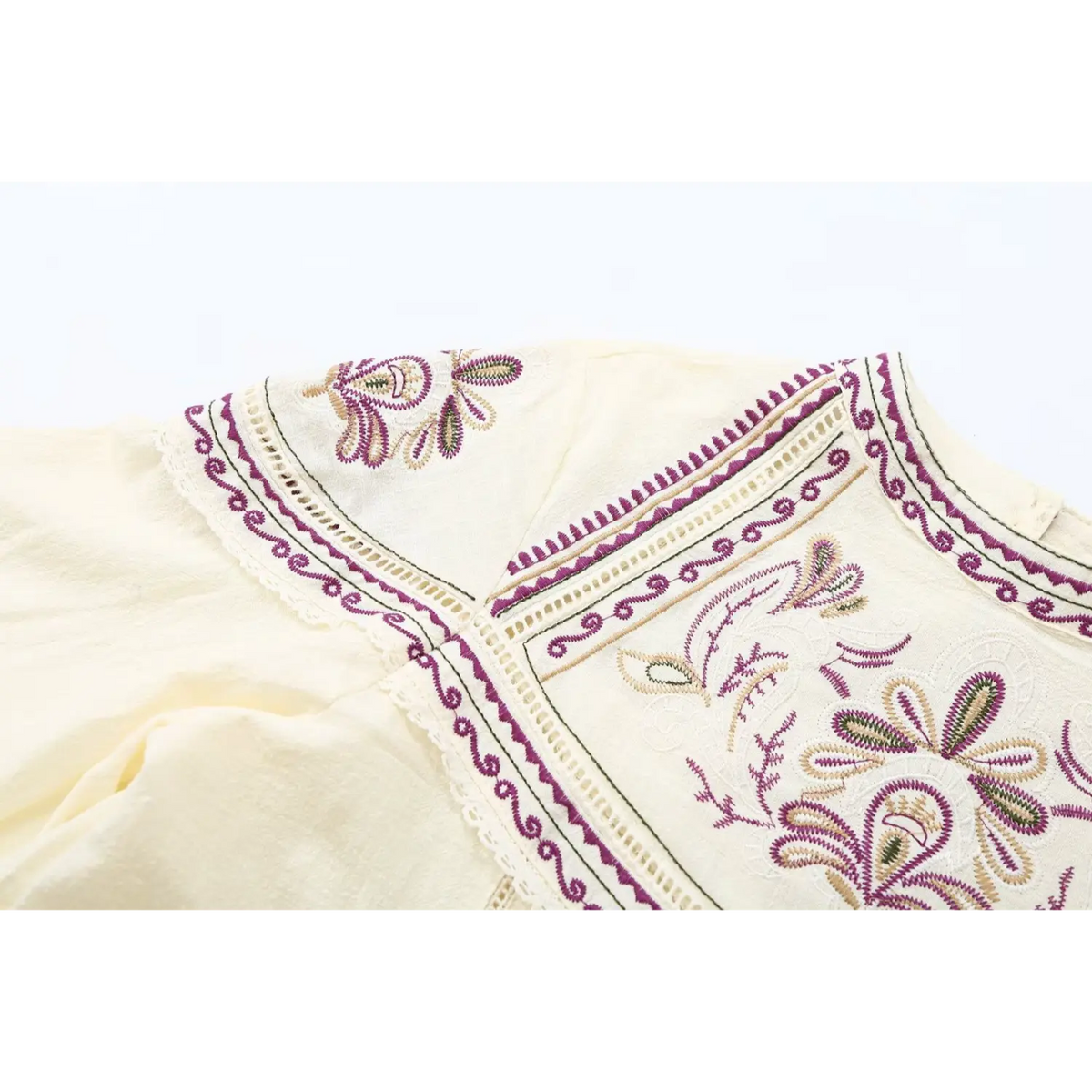 Close-up of shoulder embroidery, lace trim and ladder insert