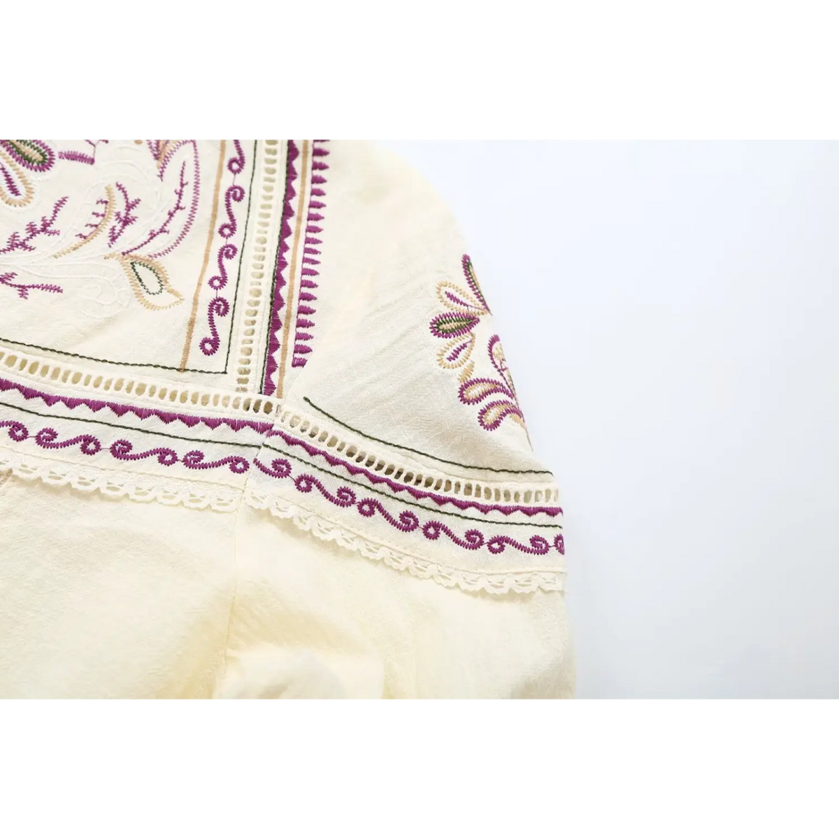 Close-up of yoke hem lace and embroidered stripe
