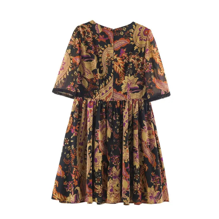 Paisley print lace trim V-neck mini dress, back flat lay