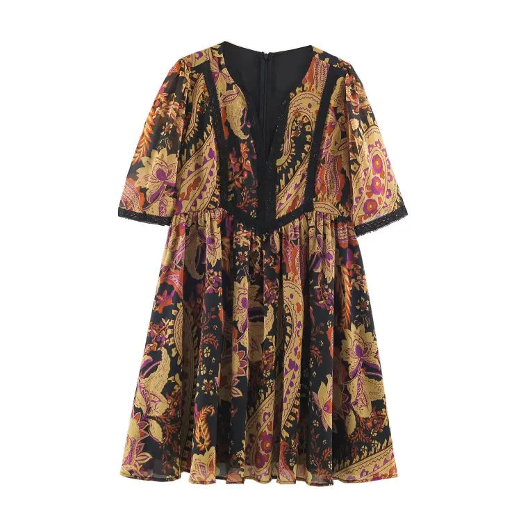Paisley print lace trim V-neck mini dress, front flat lay