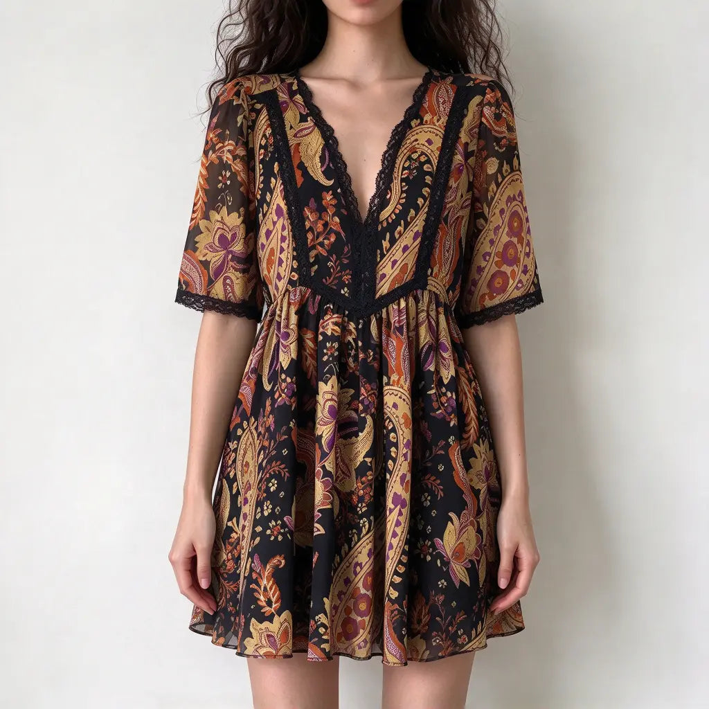 Model wearing paisley print lace trim V-neck mini dress, front view