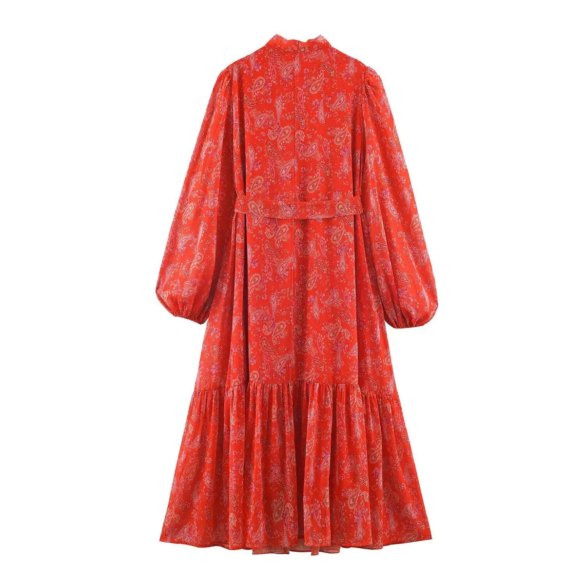 Back view of paisley print maxi dress, long balloon sleeves, matching waist tie and tiered ruffle skirt
