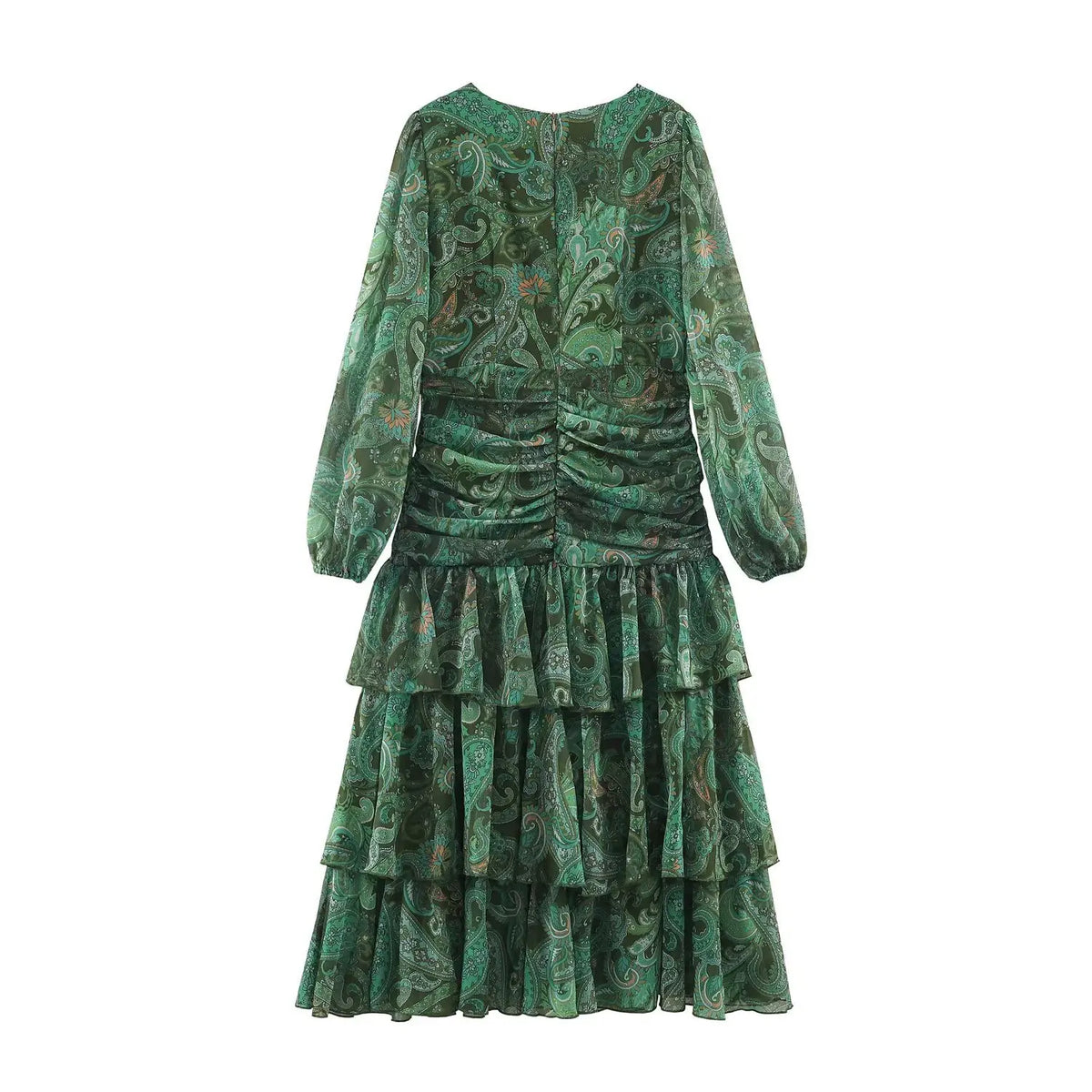 Paisley print ruched tiered midi dress, back flat lay