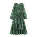 Paisley print ruched tiered midi dress, front flat lay